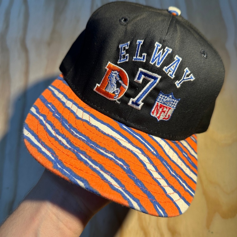 Vintage Zubaz John Elway Denver Broncos NFL Snapback Hat Black Orange Zebra 90s